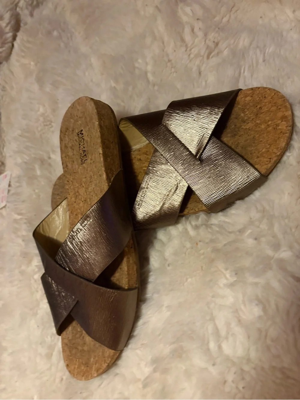 Michael Kors Metallic Bronze Crisscross Cork Slide Sandals
